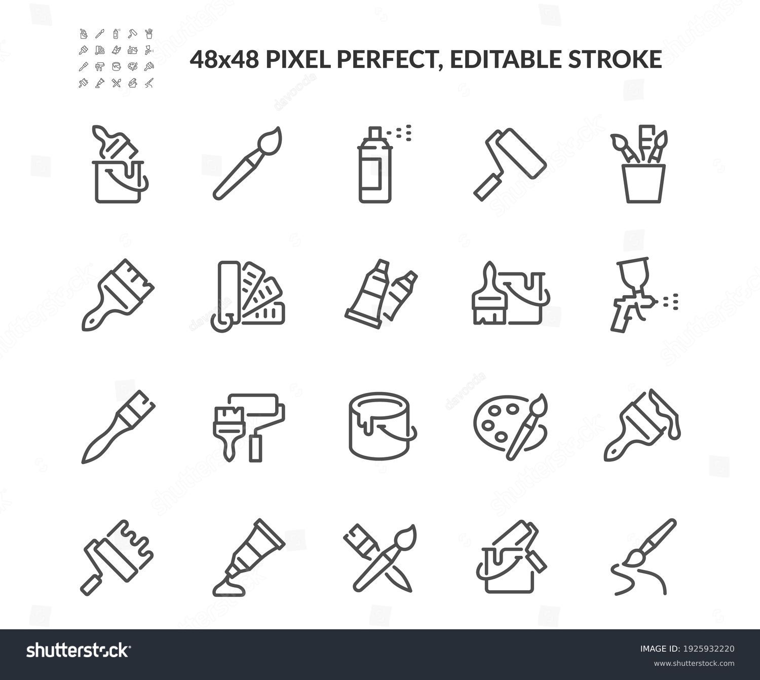 Simple Set of Brushes and Painting Related Vector Line Icons. 
Contains such Icons as Spray, Color palette, Paint Bucket and more. Editable Stroke. 48x48 Pixel Perfect. #1925932220