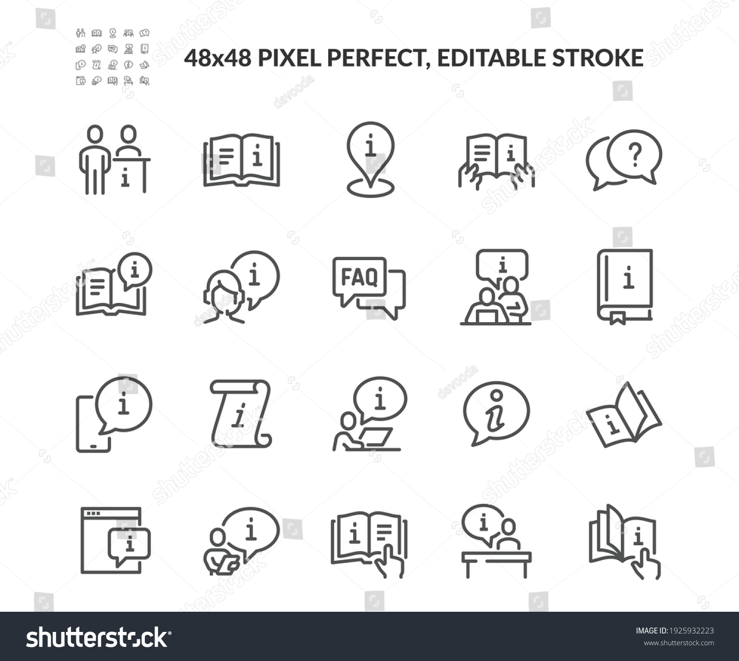 Simple Set of Info and Help Desk Related Vector Line Icons. 
Contains such Icons as Manual, Guide Reading, Info center and more. Editable Stroke. 48x48 Pixel Perfect. #1925932223