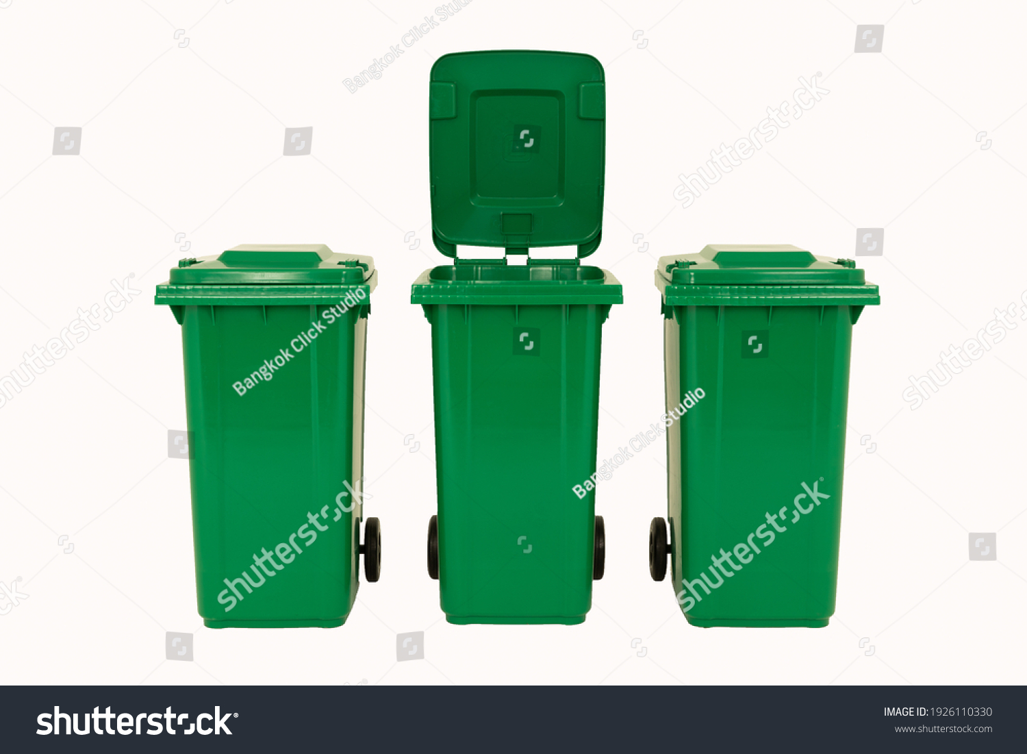 Set of three new unbox green large bins isolated on white background. #1926110330