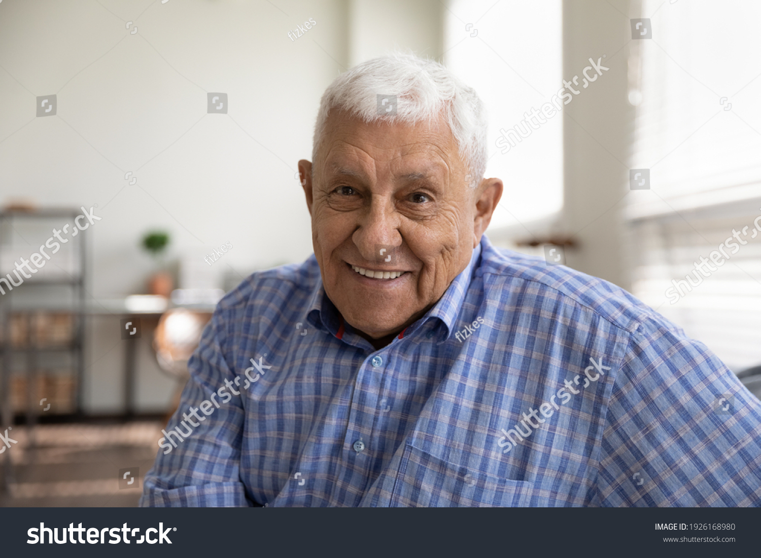 Head shot portrait smiling mature man looking at camera, happy grandfather chatting with relatives online, making video call, senior blogger shooting recording video, elderly teacher working online #1926168980