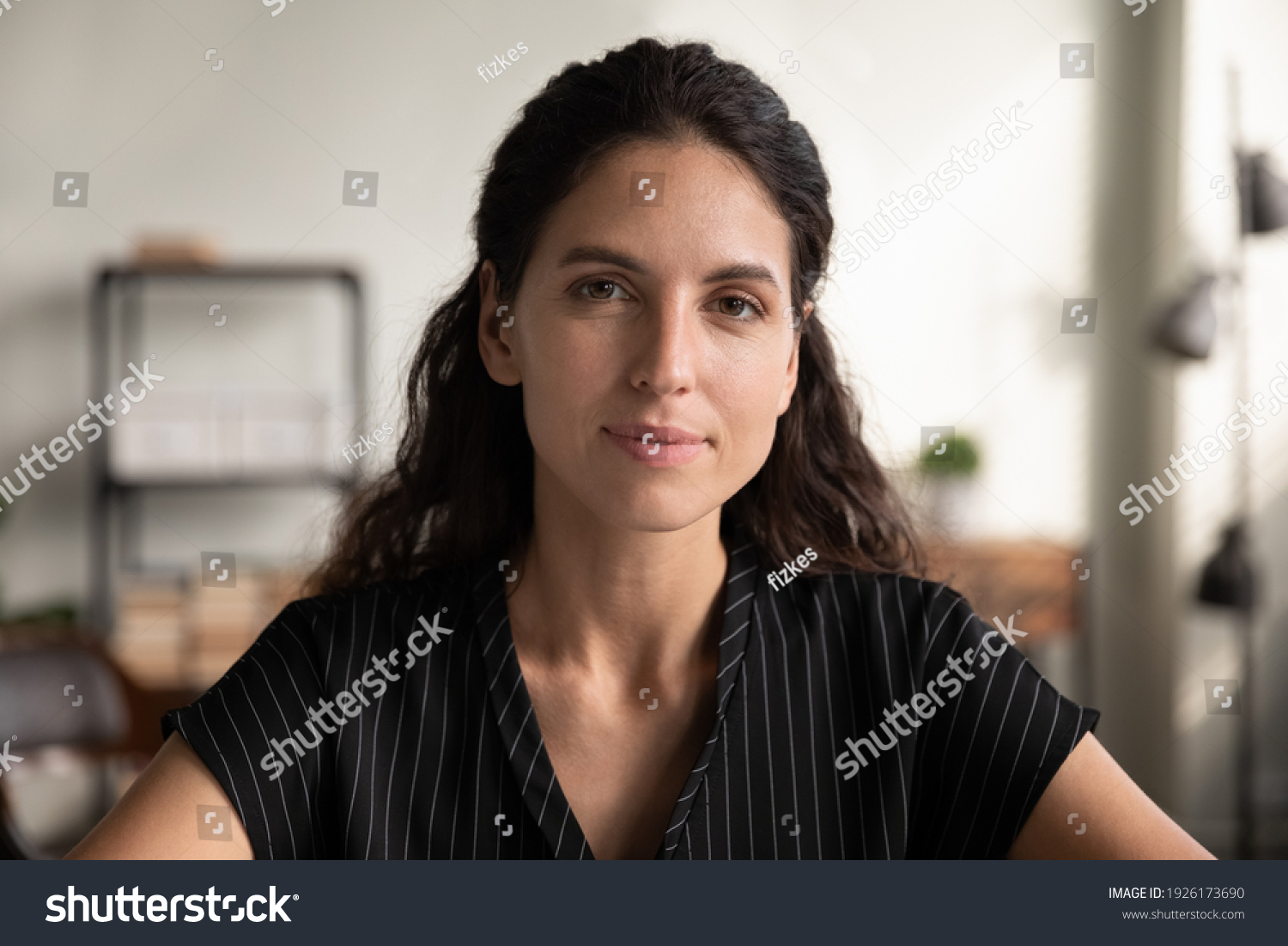Head shot portrait close up confident woman looking at camera, posing for profile picture, businesswoman making video call to business partner, teacher coach shooting webinar, online course #1926173690