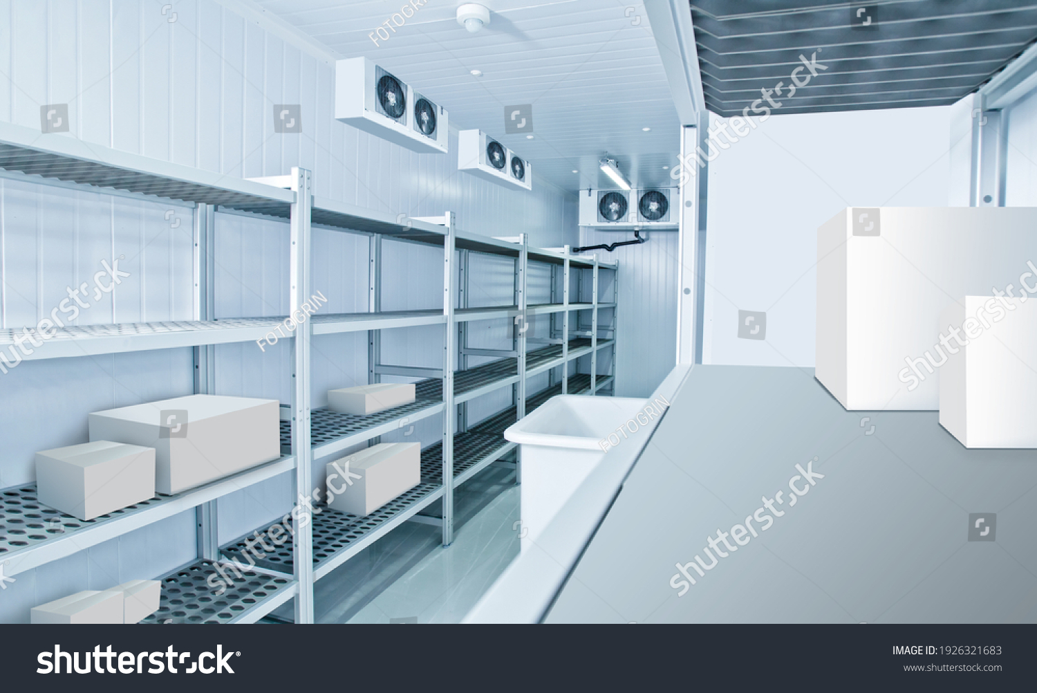 Refrigeration chamber for food storage. Industrial refrigeration chamber with empty shelves. Luggage storage in the restaurant. Concept - sale of refrigeration equipment. Equipment for restaurants #1926321683