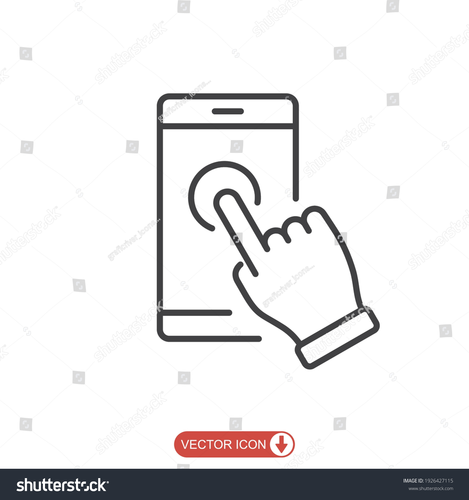 Hand touch smartphone icon in line style. Cursor finger vector illustration on white isolated background. Hand touch screen for app, web design and business concept. #1926427115