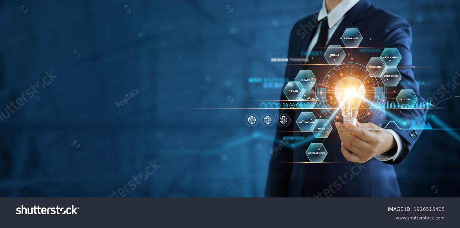 Businessman hand holding creative light bulb with marketing network icons on planning strategy, analysis solution and development, Modern business, Innovative of new ideas.  #1926515405