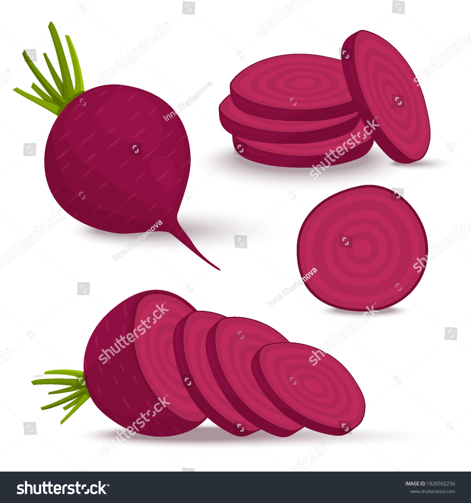 Vector beets on a white background in a flat style. Cut the whole red beets into halves and wedges. A set of fresh beets of different shapes. #1926592256