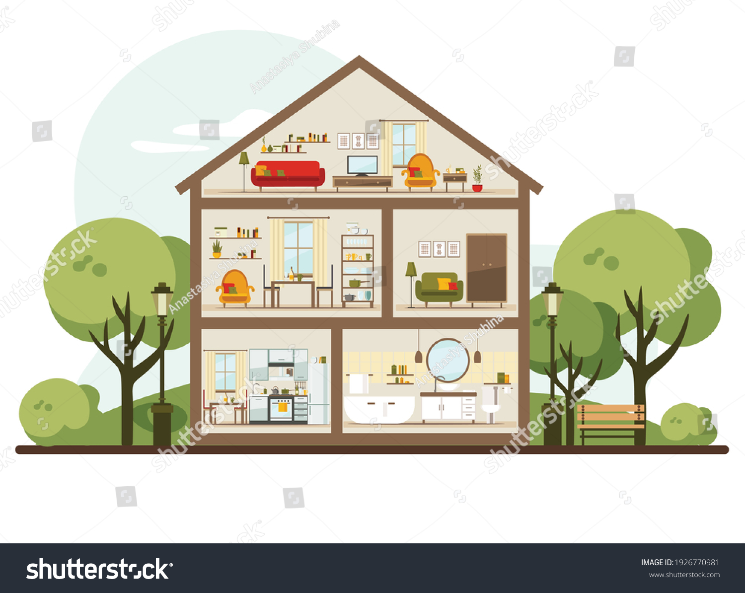 House in a cut. Detailed modern home interior. - Royalty Free Stock ...