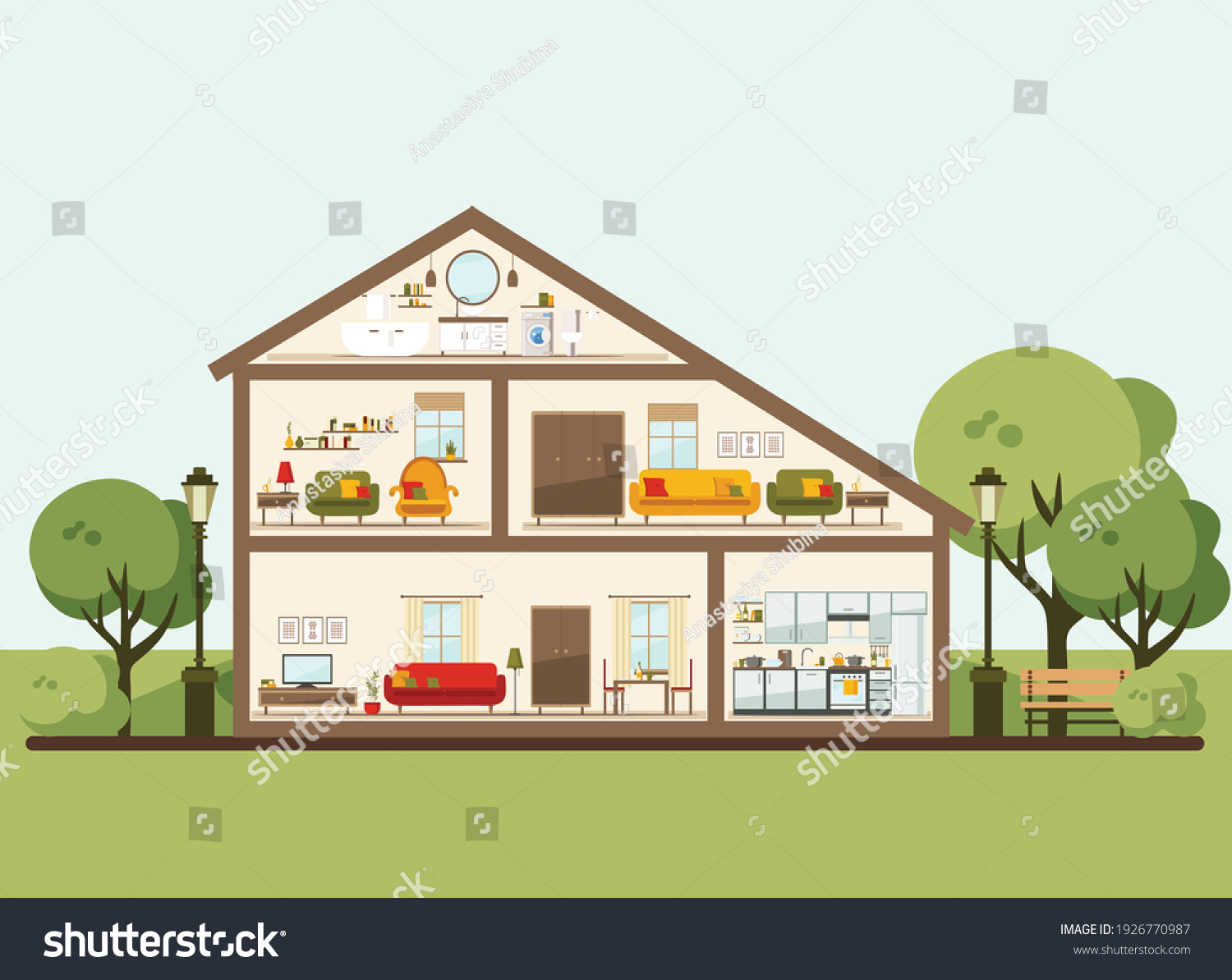 House in a cut. Detailed modern home interior. - Royalty Free Stock ...