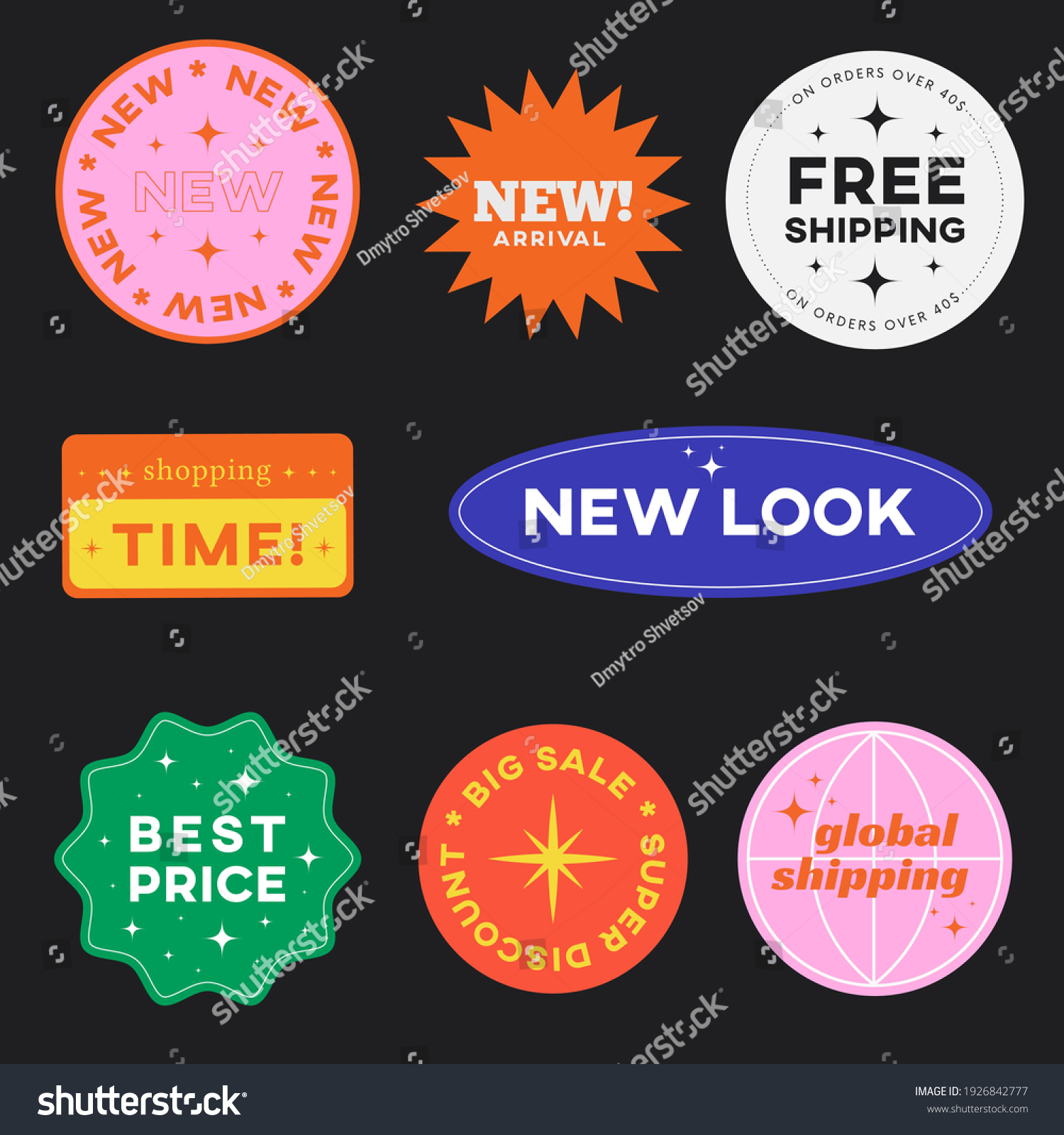 Set of Shopping Stickers Retro Design. Cute Sale label badges. Trendy Free Shipping, New Look, Big Sale, Best Price Banners Pack. Vector Illustration. #1926842777