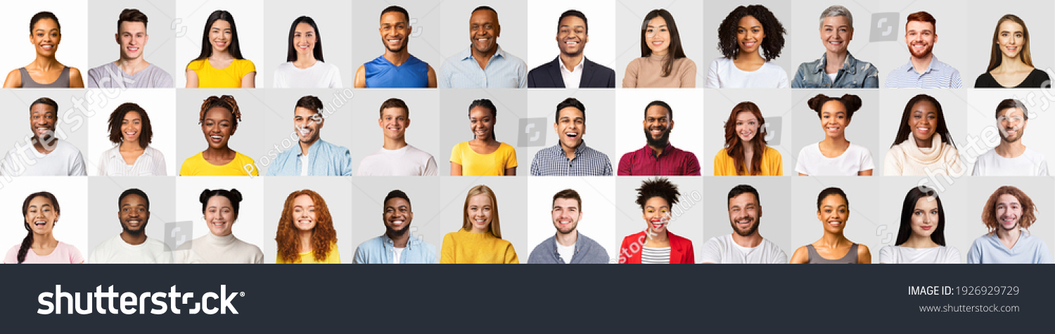 Set of real people happy faces and different diverse human portraits expressing positive emotions over white and gray studio backgrounds. Mosaic of mixed crowd of men and women. Panorama, collage #1926929729