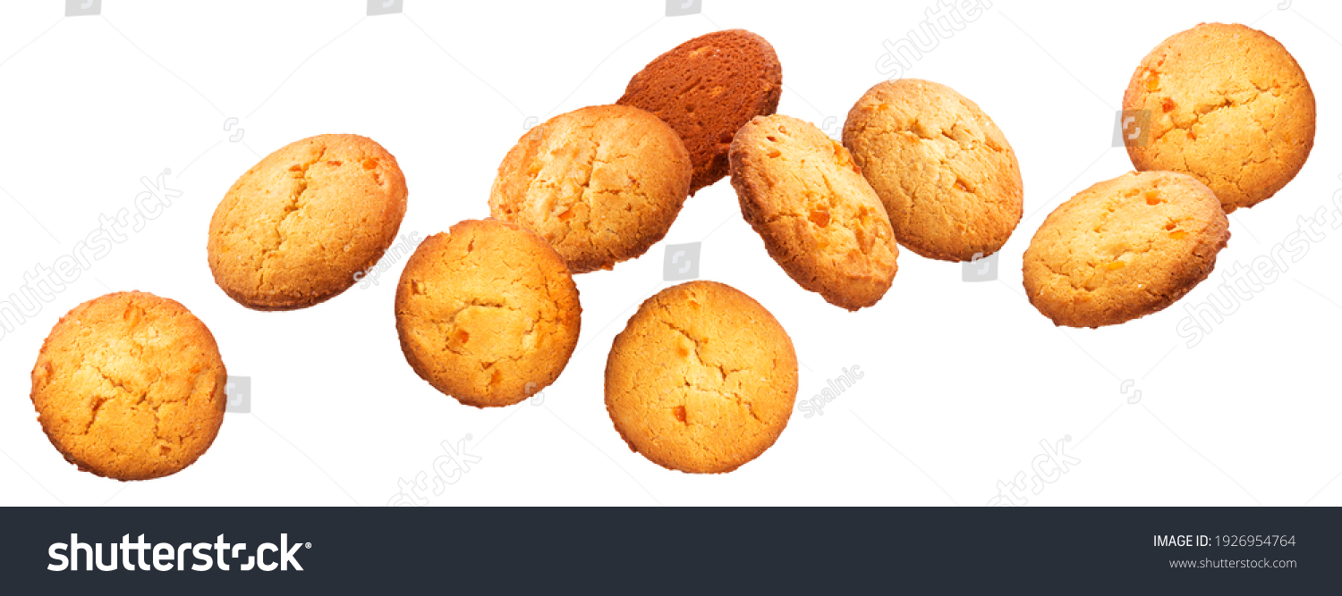 Chip cookies falling over white background, flying biscuits #1926954764