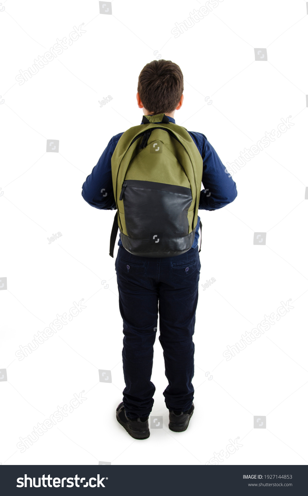 
Back to school concept. Adorable schoolboy with backpacks looking at wall. Back view. Isolated on white background. Full length. Modern teenage boy with backpack looking at wall. #1927144853