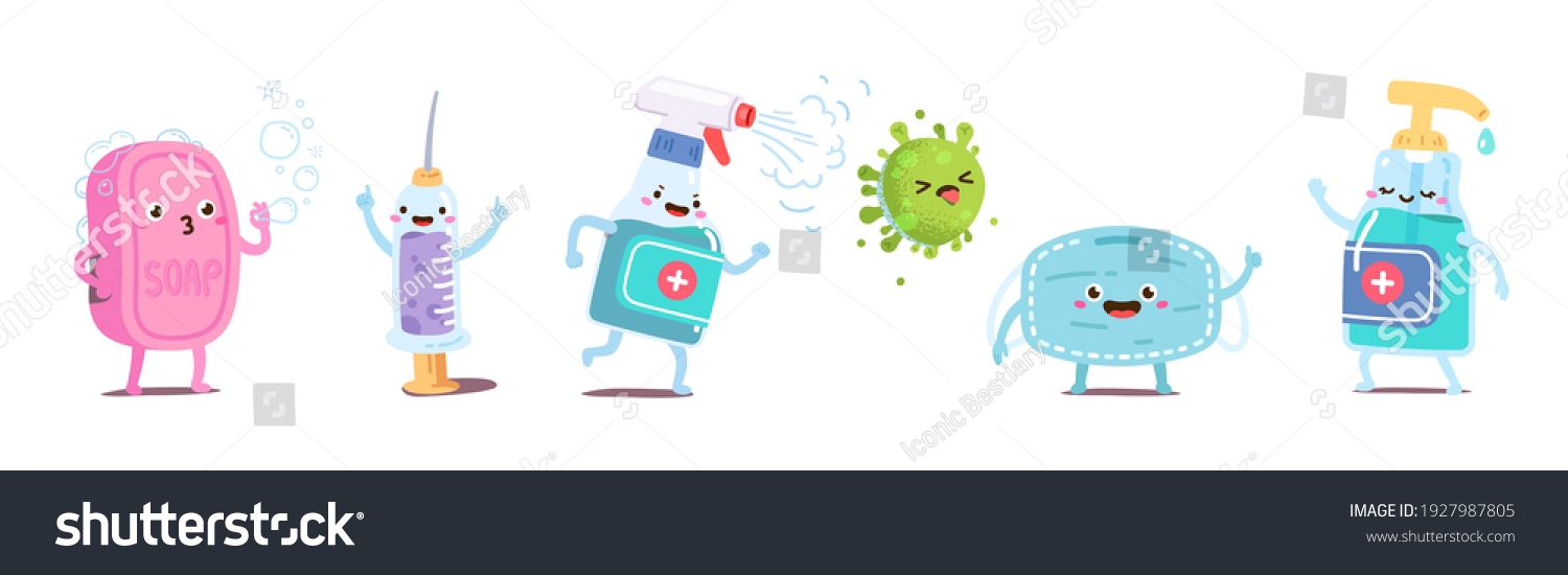 Fun kids hygiene object animated cartoon characters set. Soap, corona virus vaccine syringe, sanitizer spray, mask, antiseptic bottle. Pandemic prevention protection flat vector illustration #1927987805