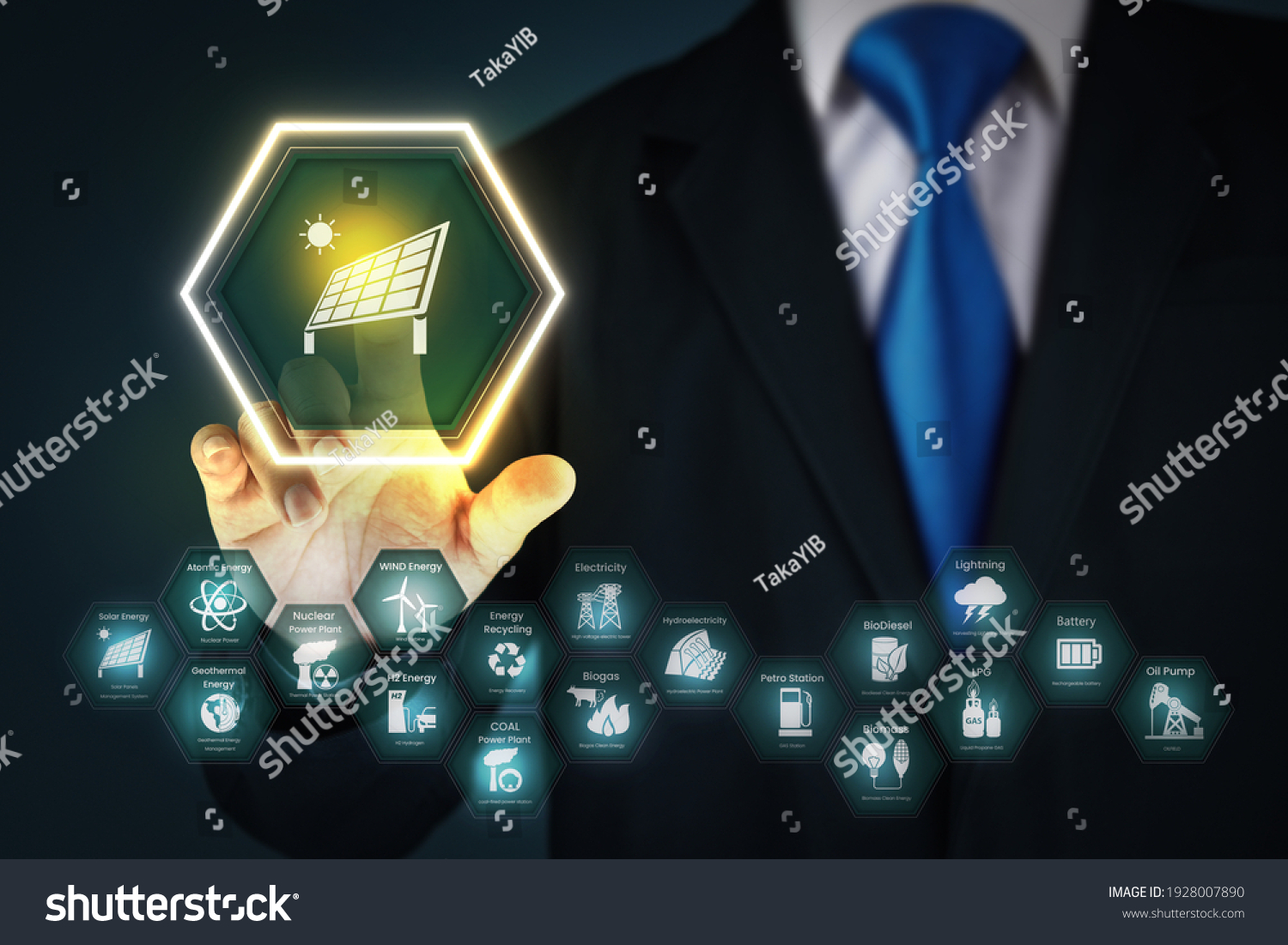 A man touches solar panel icon on a virtual screen.
businessman pressing button on virtual screens with hexagons and transparent honeycomb.
the concept of energy. #1928007890