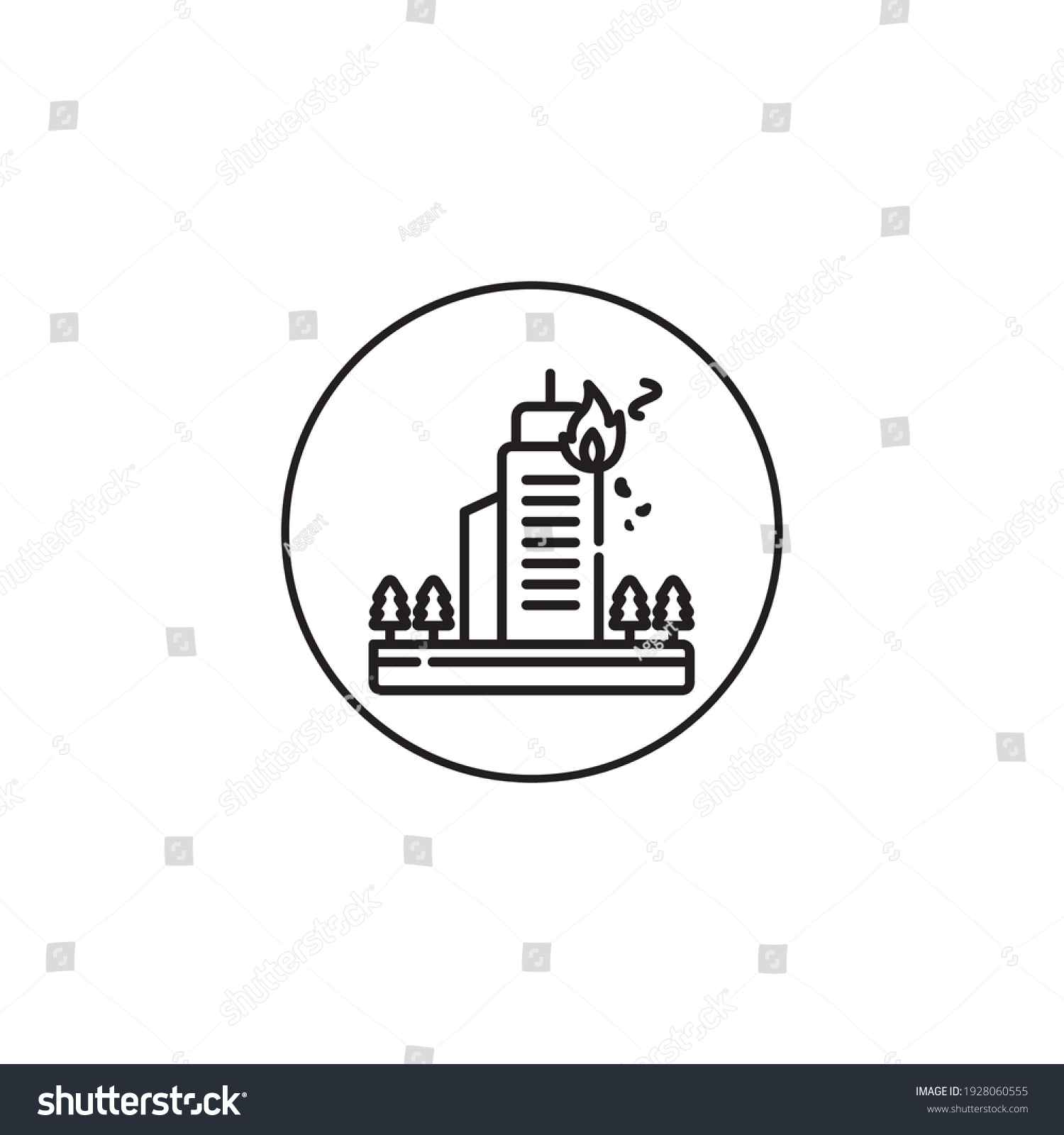 A tree with building on fire outline style icon - Royalty Free Stock ...