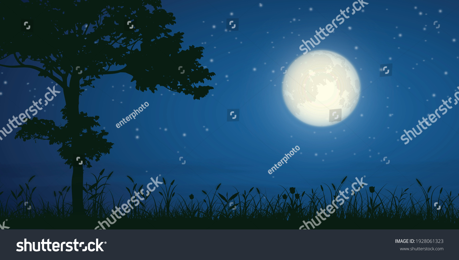 starry night and full moon with tree silhouette,  landscape background, vector illustration #1928061323