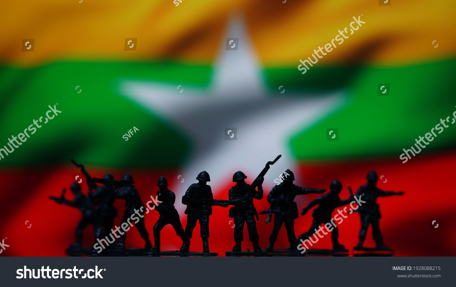 Myanmar military coup soldiers, flag map background  #1928088215