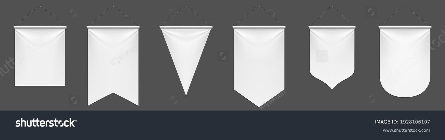 White pennant flags mockup, blank vertical banners on flagpole with rounded, straight, pointed and double edges. Isolated medieval heraldic empty ensign templates. Realistic 3d vector illustration set #1928106107
