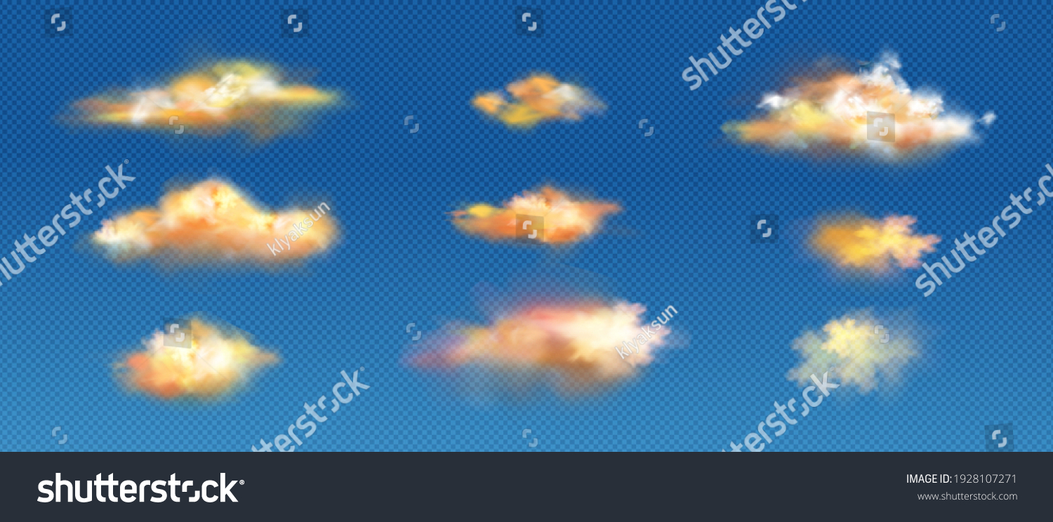 Realistic clouds of yellow or orange colors, sunset or sunrise fluffy spindrift or cumulus eddies flying weather and nature design elements isolated on transparent background, 3d vector icons set #1928107271
