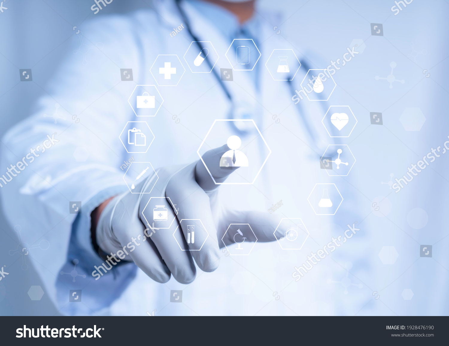 
Doctor touch virtual screen with white icon medical on white background, medical technology network concept #1928476190