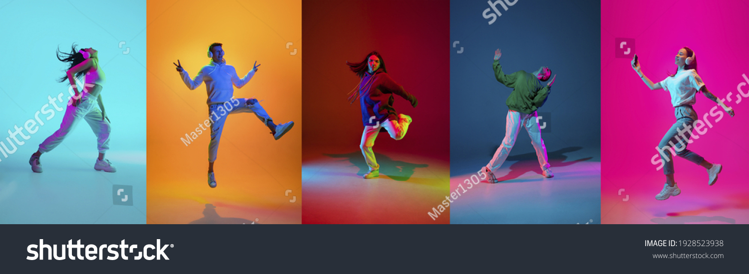 Collage of portraits of young emotional people on multicolored background in neon. Concept of human emotions, facial expression, sales. Listen to music with headphones, dancing. Flyer for ad, offer #1928523938
