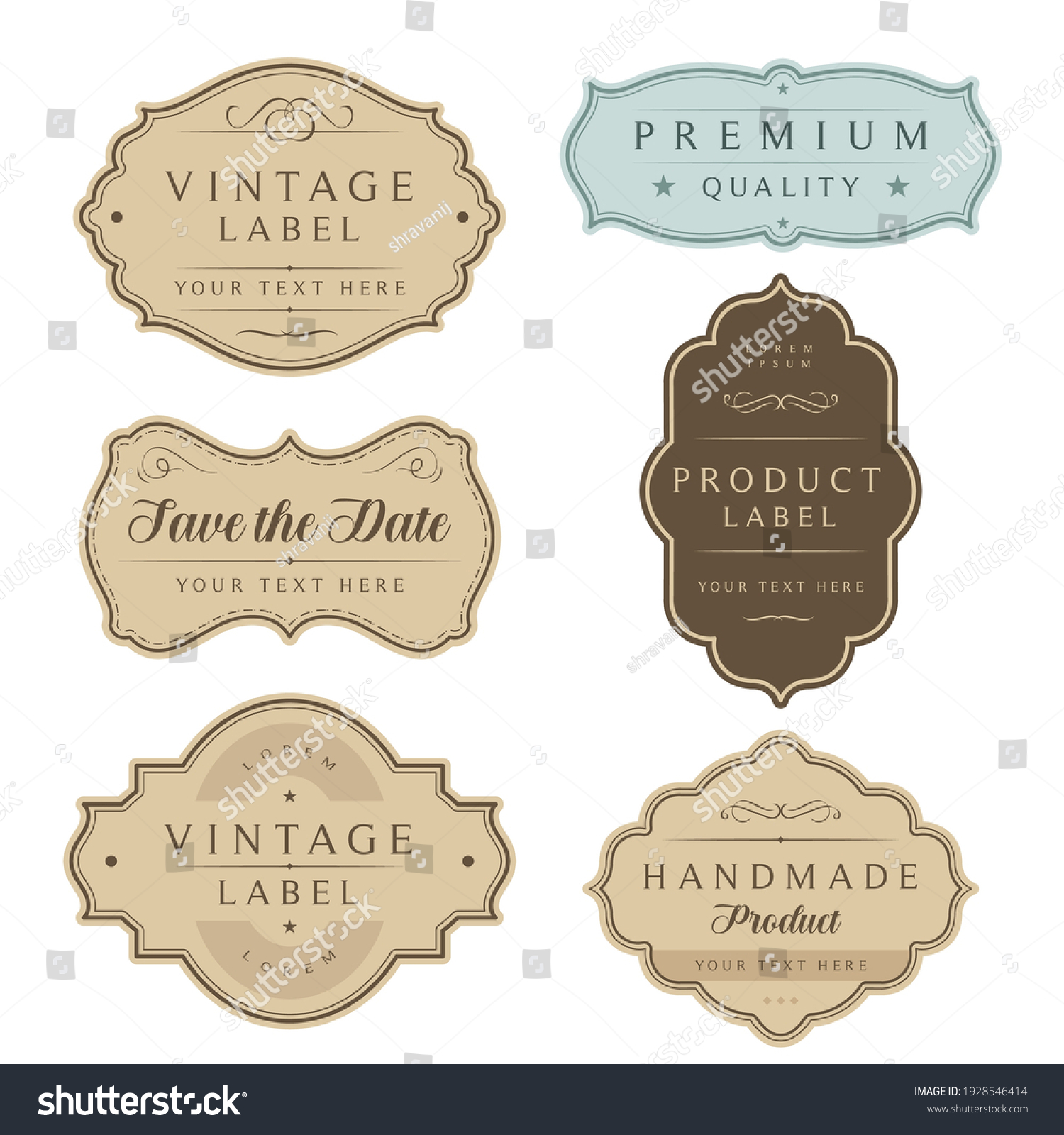 Vintage labels and tag frames set. Ornamental traditional labels for wedding card, handmade or organic product packaging, premium quality, save the date. #1928546414