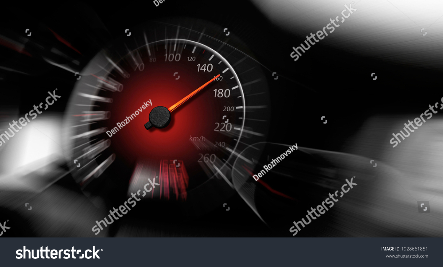 The speedometer of a modern car shows a high driving speed. Added motion blur. #1928661851