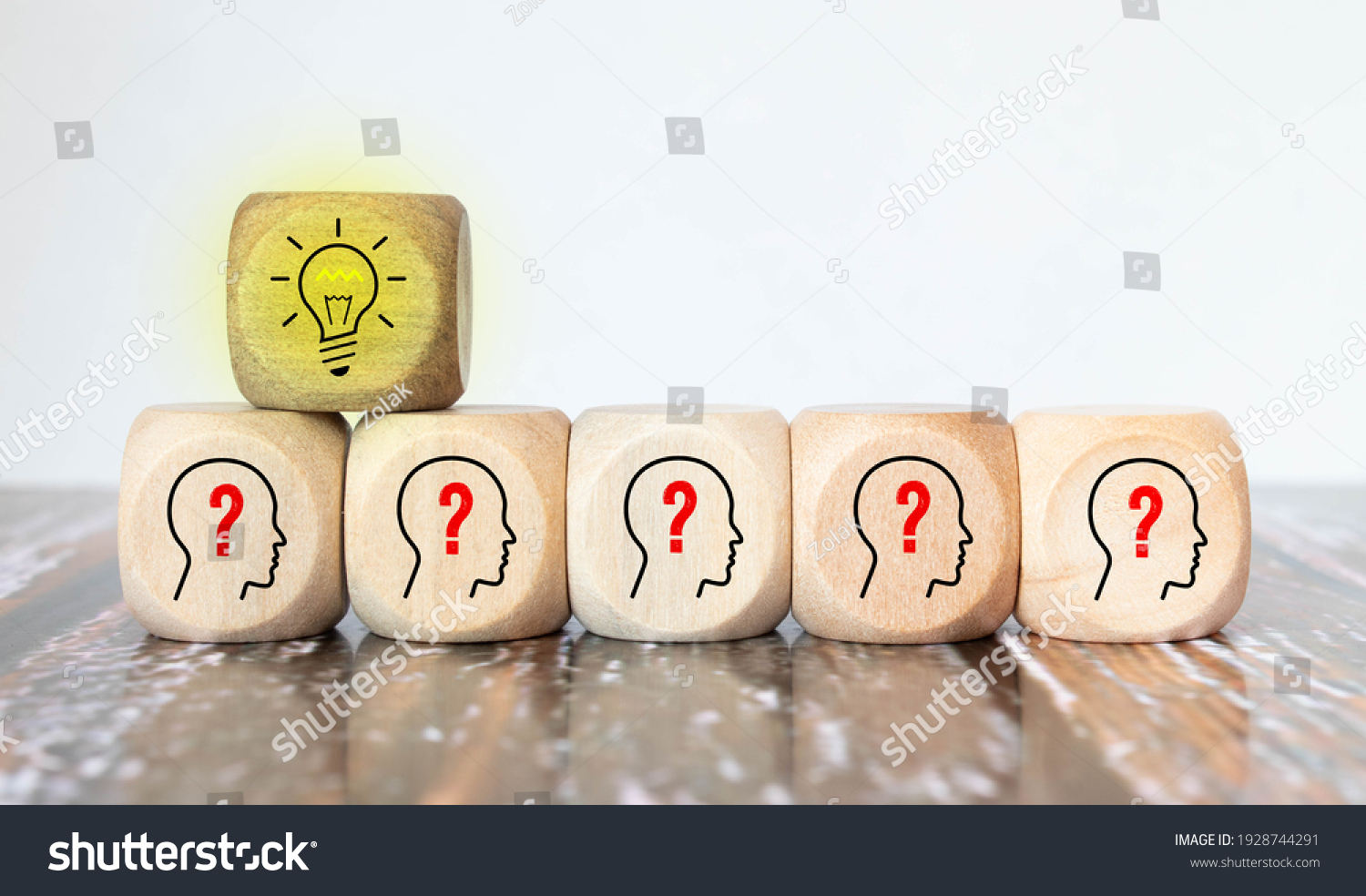 Concept creative idea and innovation. Wooden cube block flip over with head human symbol and light bulb icon #1928744291