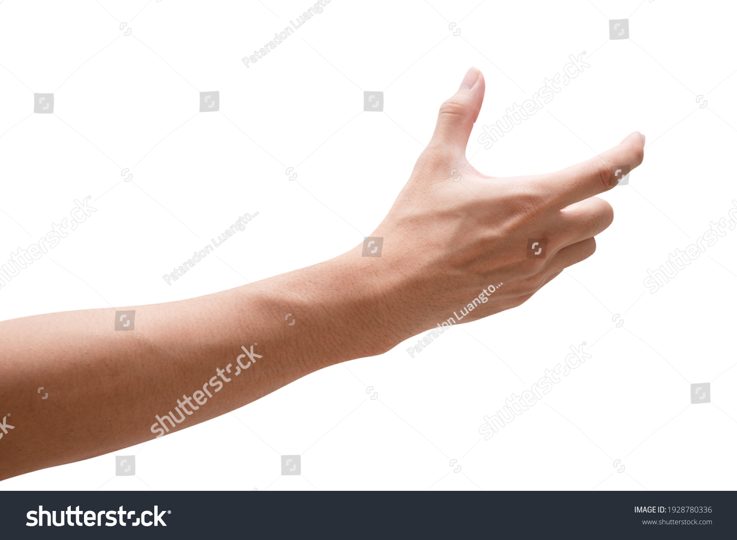 Close up male hand holding something like a bottle or can isolated on white background with clipping path. #1928780336
