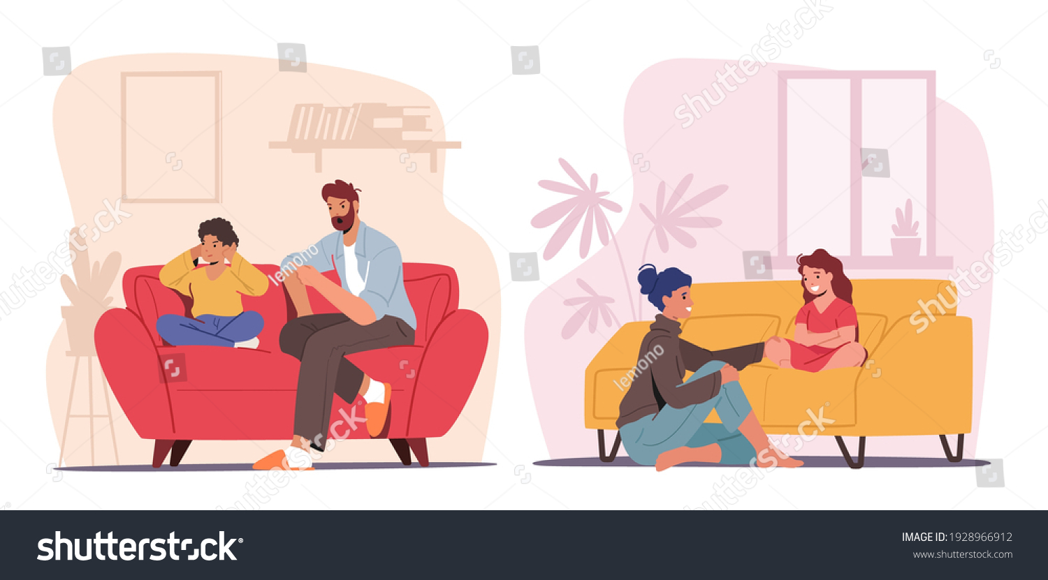 Children and Parents Talking Concept. Father and Mother Characters Talk to Son or Daughter. Dad Scold Boy, Mom Share Secrets with Girl. Family Relations, Parenting. Cartoon People Vector Illustration #1928966912