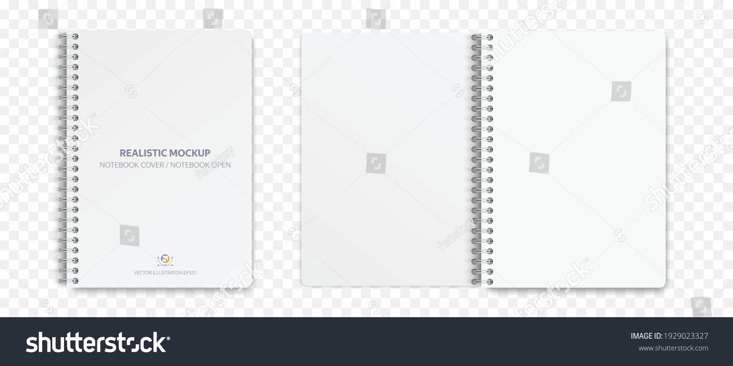 Realistic notebook mockup, notepad with blank cover and spread for your design. Realistic copybook with shadows isolated on transparent background. Vector illustration EPS10.	
 #1929023327