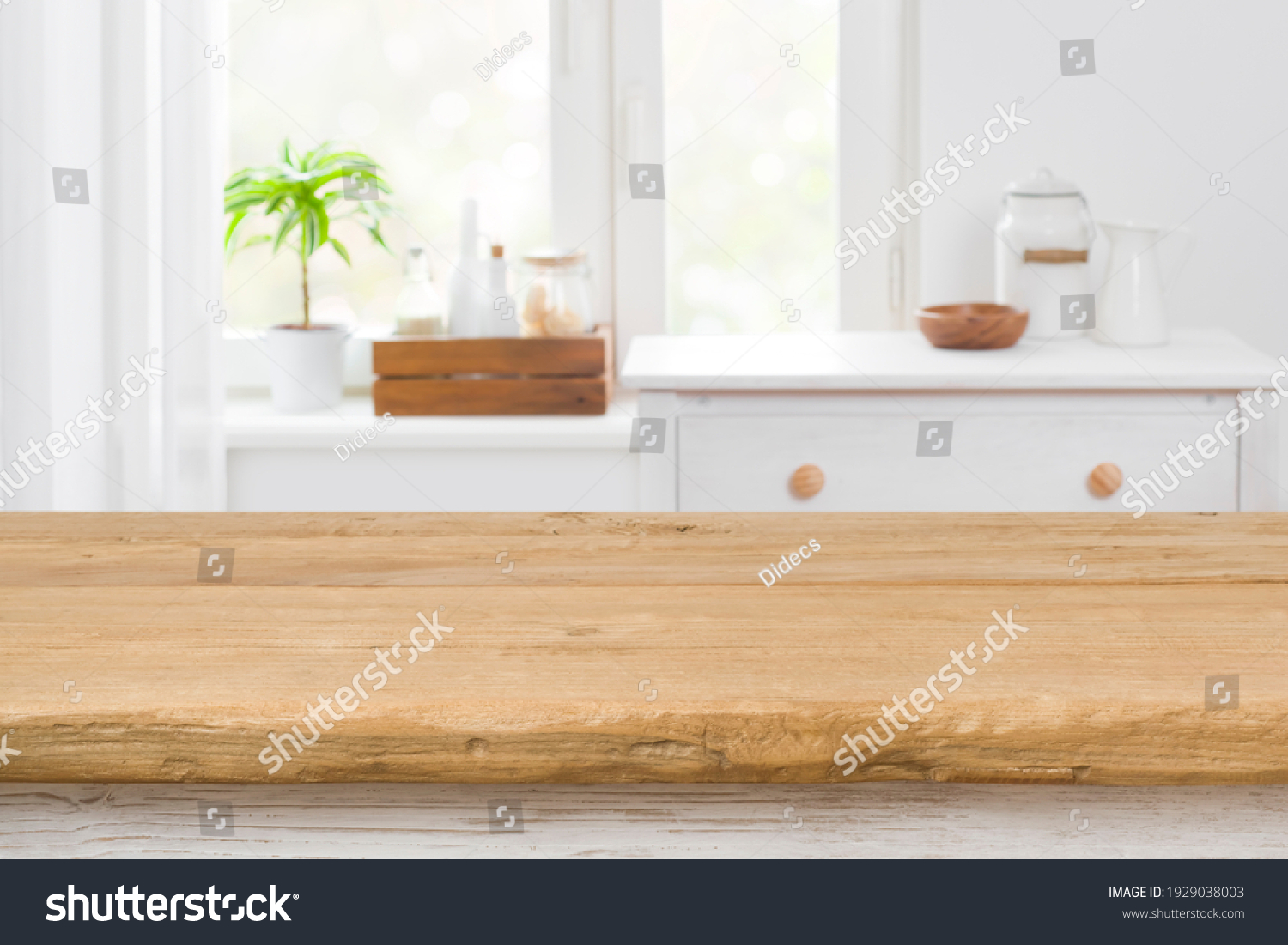 Rough texture table for product display before blurred kitchen window #1929038003