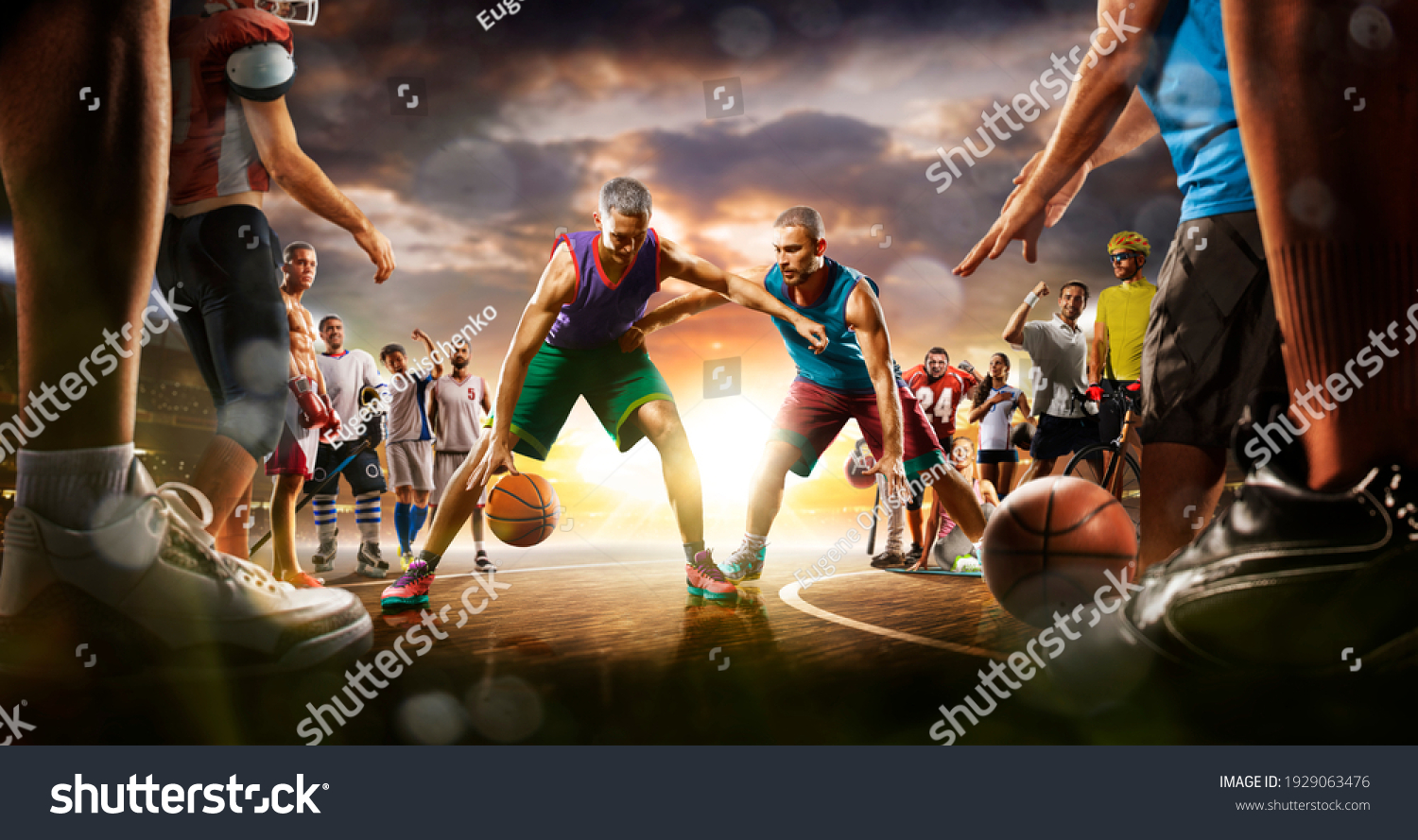 Basketball multi sports grand arena collage boxing basketball soccer football volleyball tennis fitness cycling baseball ice hockey #1929063476