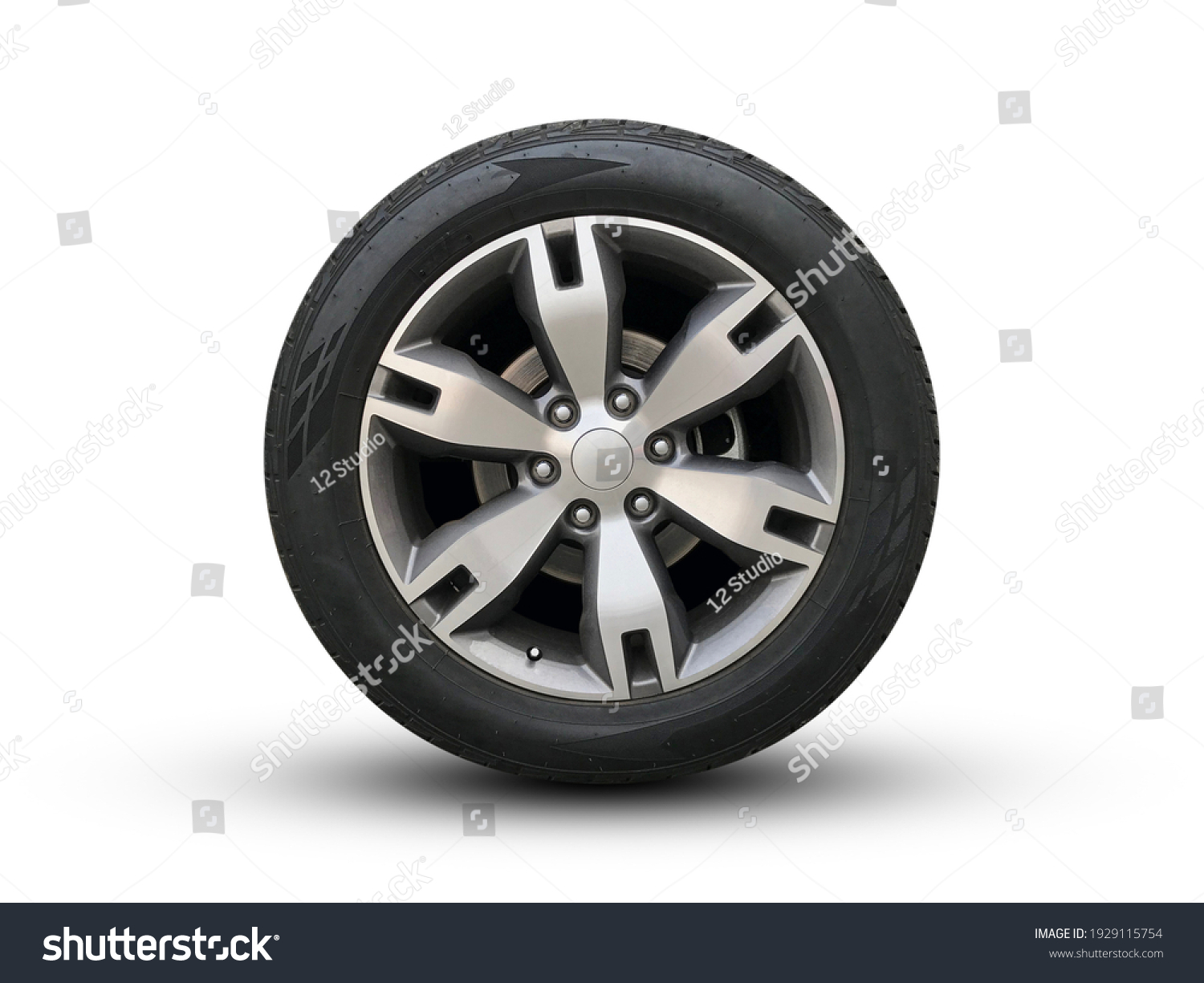 Clipping path. Silver wheel super car isolated on white background view. Magneto wheels. Movement.  Move car. Closeup. Top view. Flat lay view. #1929115754