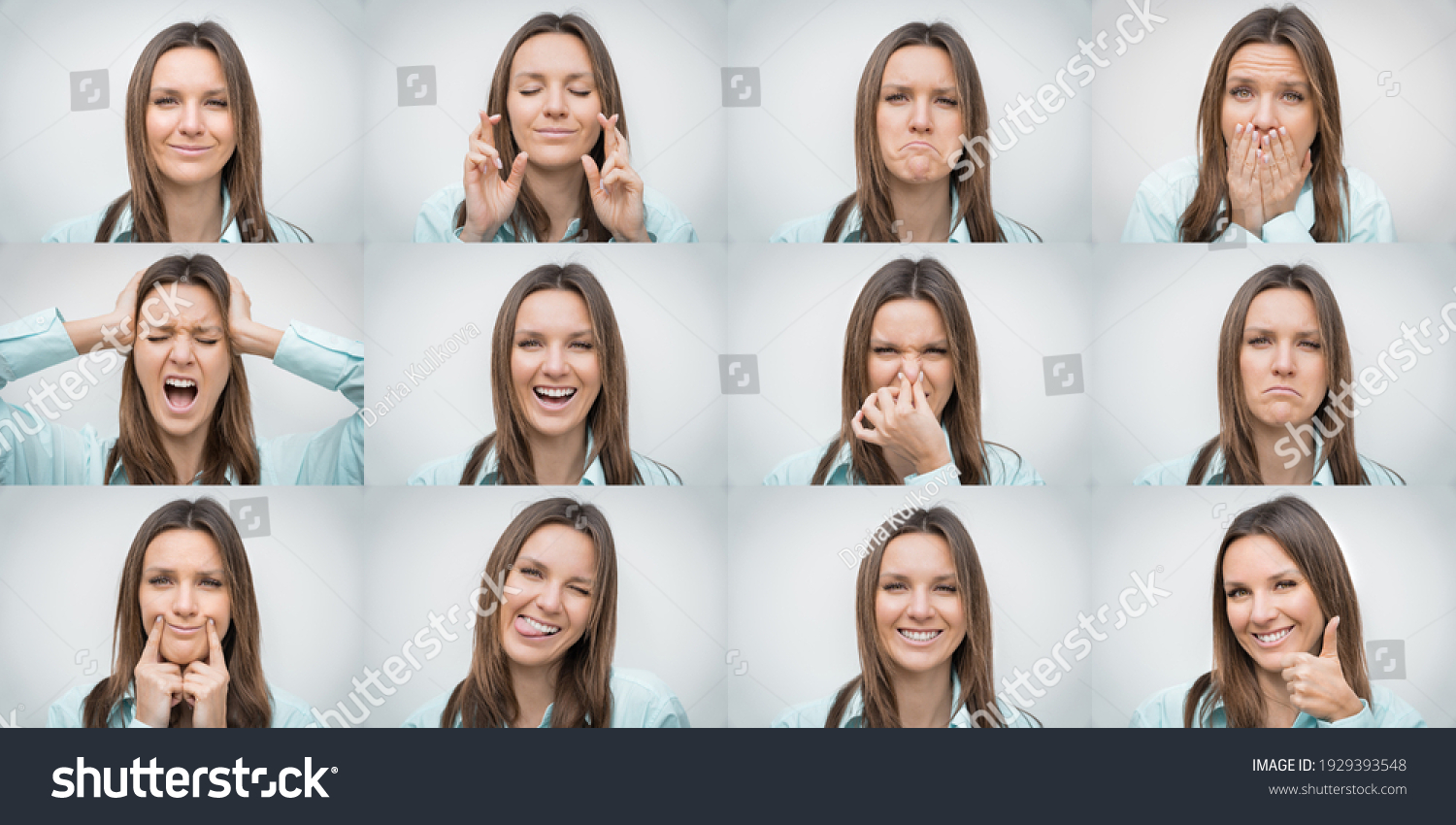 Set of beautiful woman showing several different facial emotions or expressions and gestures isolated on gray background. Collage of human emotions #1929393548