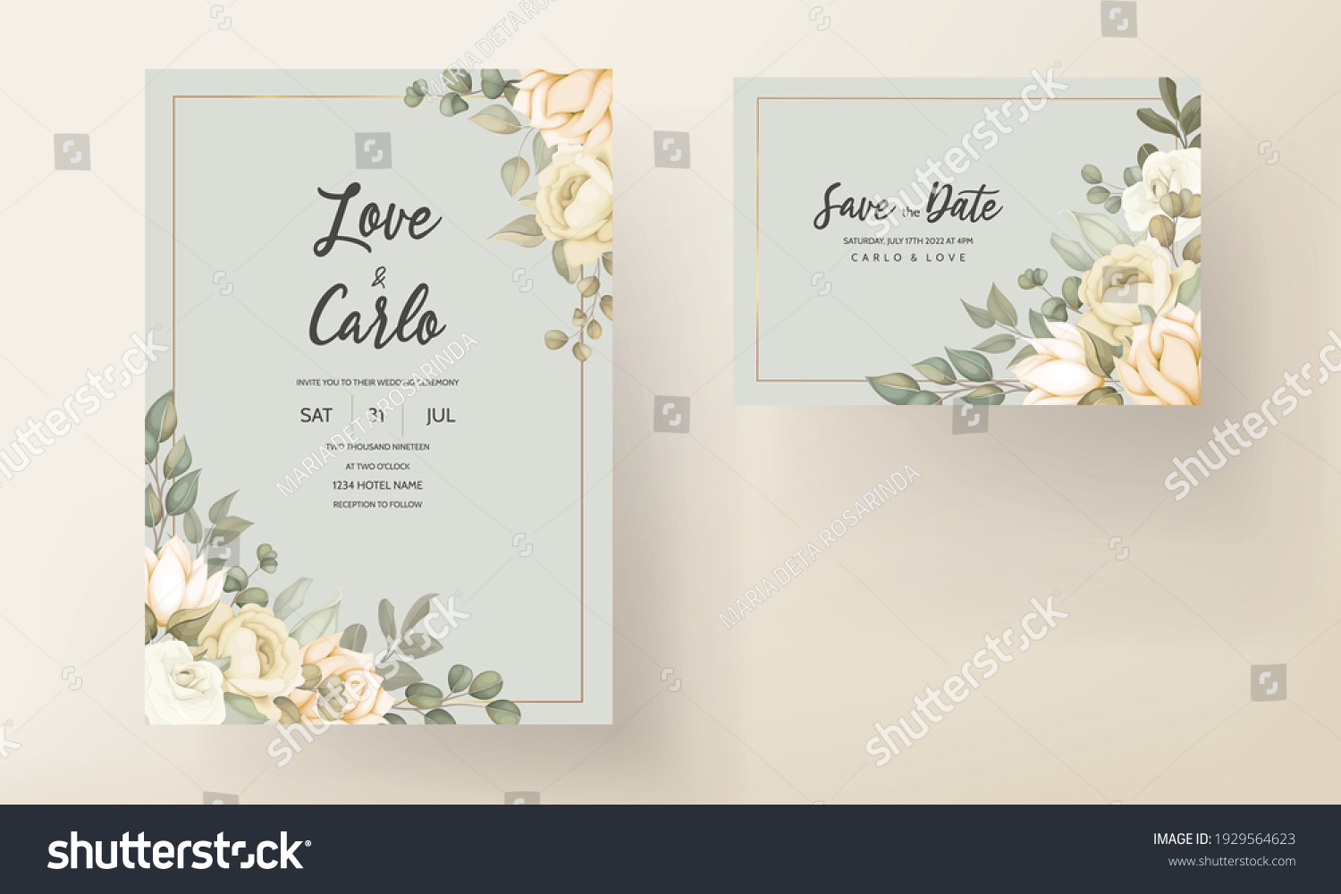 Set of wedding invitation card with flower and leaves #1929564623