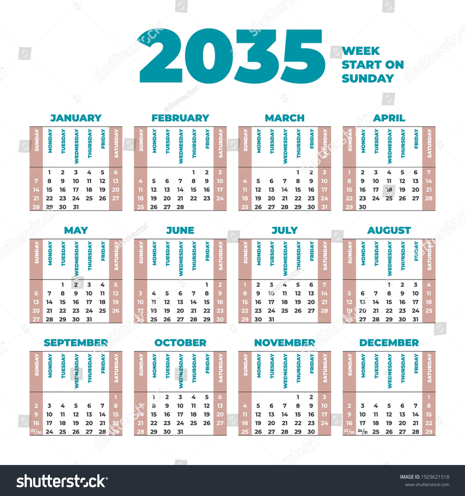 2035 year vector Calendar with weeks start on Royalty Free Stock