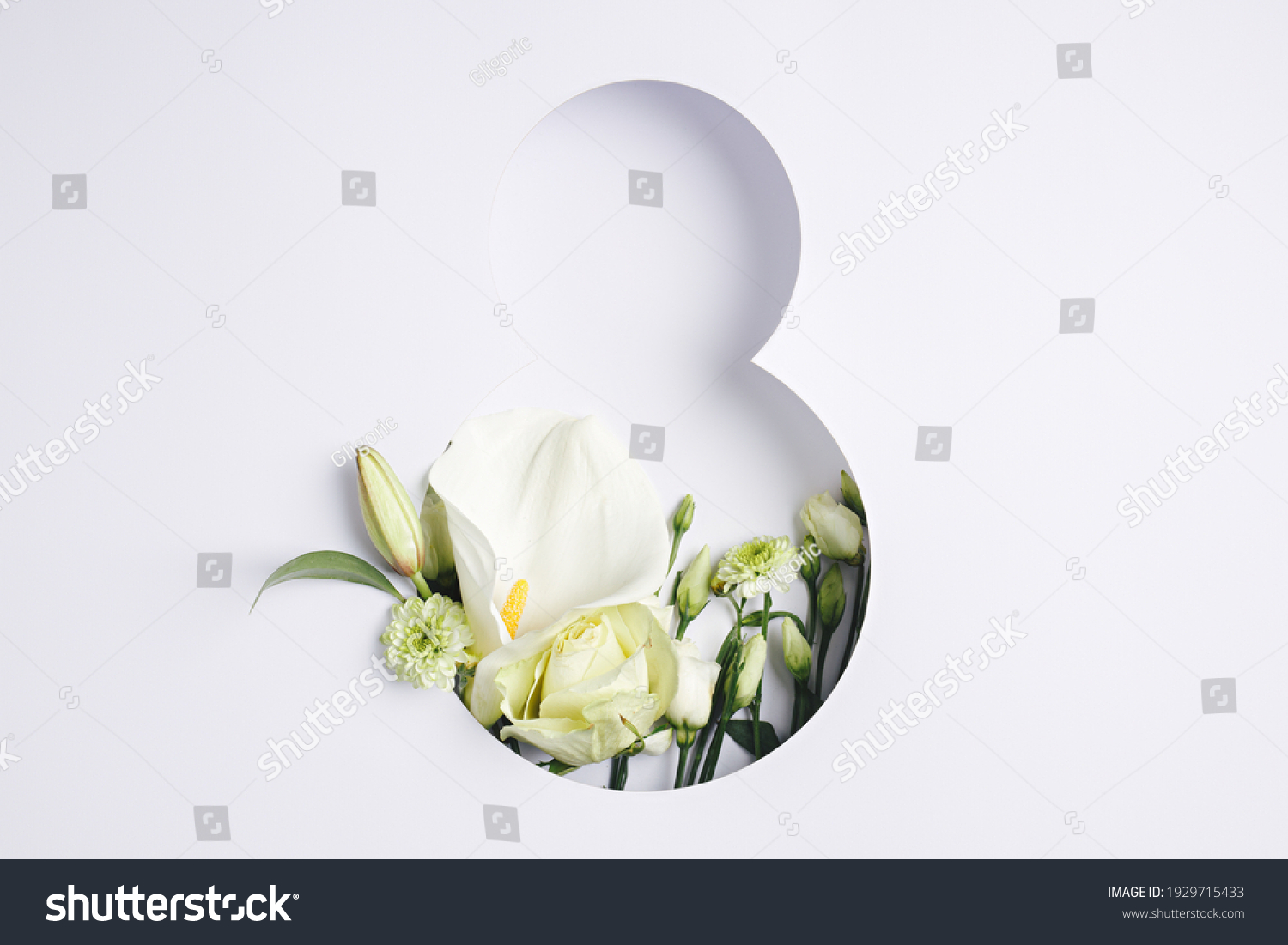 Number 8 with fresh gerbera, calla and rose flowers with green leaves on bright white background. Minimal Women's day, March 8th or birthday concept. Flat lay, top view. #1929715433