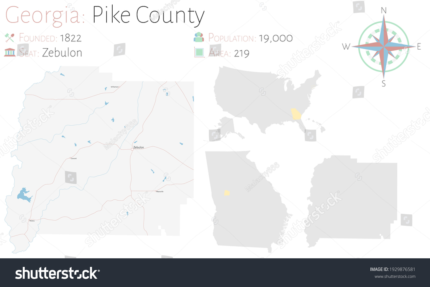 Large and detailed map of Pike county in Georgia - Royalty Free Stock ...