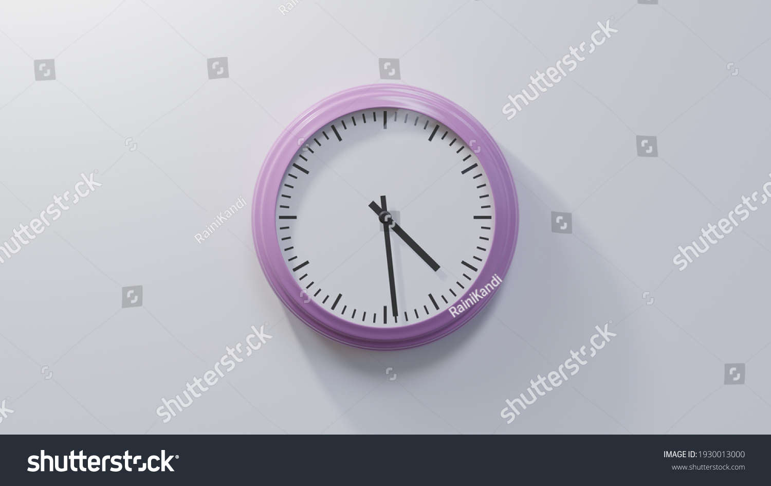 Glossy pink clock on a white wall at twenty-nine past four. Time is 04:29 or 16:29 #1930013000