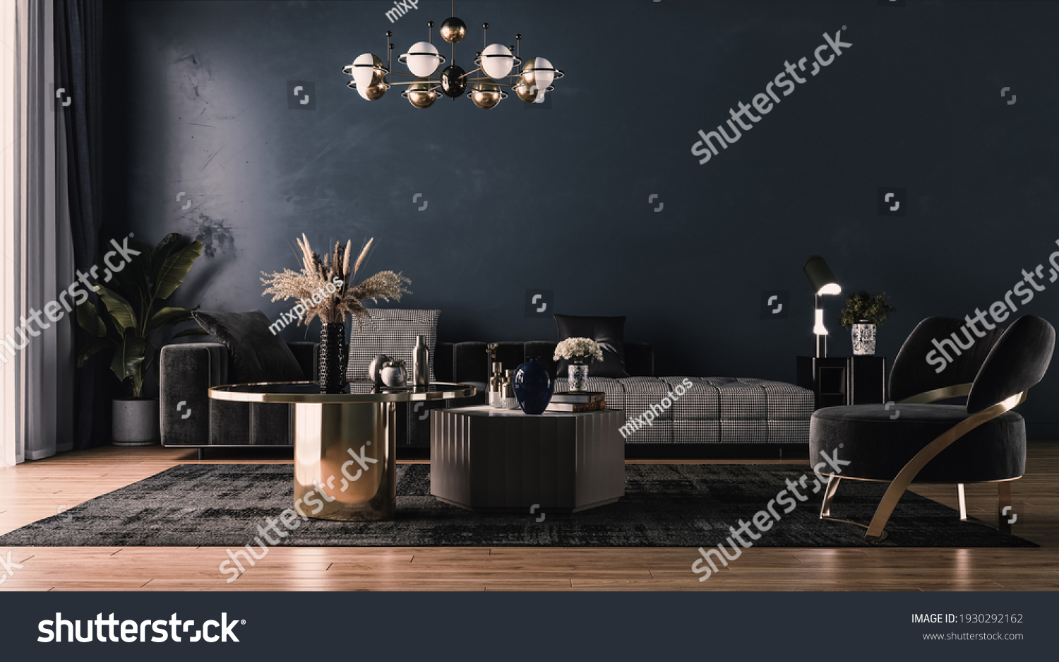 Modern interior design for home, office, interior details, upholstered furniture against the background of a dark classic wall. #1930292162
