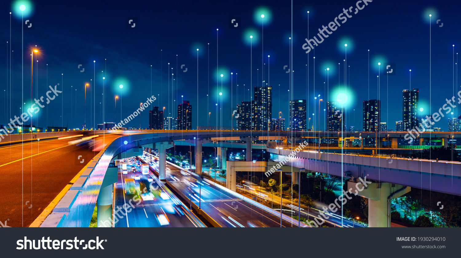 Modern cityscape and communication network concept. Telecommunication. IoT (Internet of Things). ICT (Information communication Technology). 5G. Smart city. Digital transformation. #1930294010