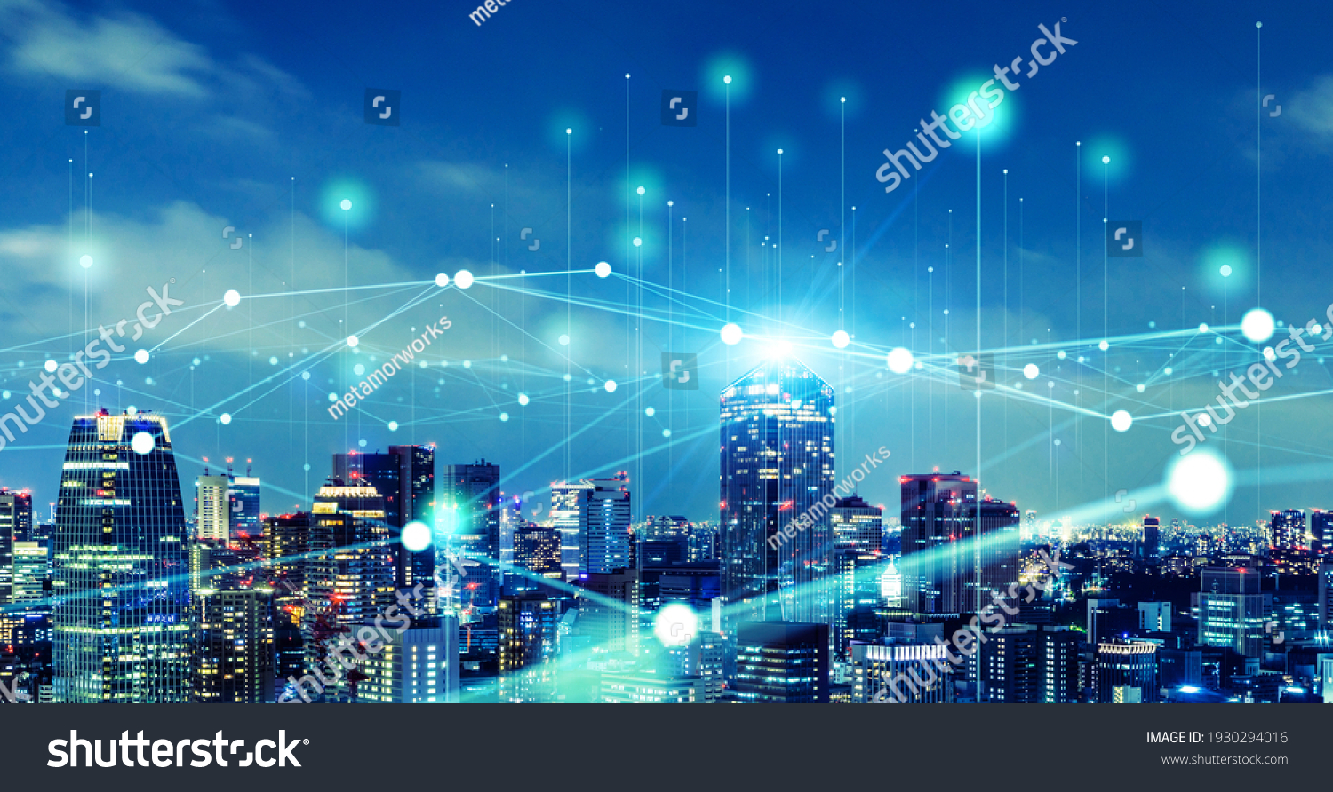Modern cityscape and communication network concept. Telecommunication. IoT (Internet of Things). ICT (Information communication Technology). 5G. Smart city. Digital transformation. #1930294016