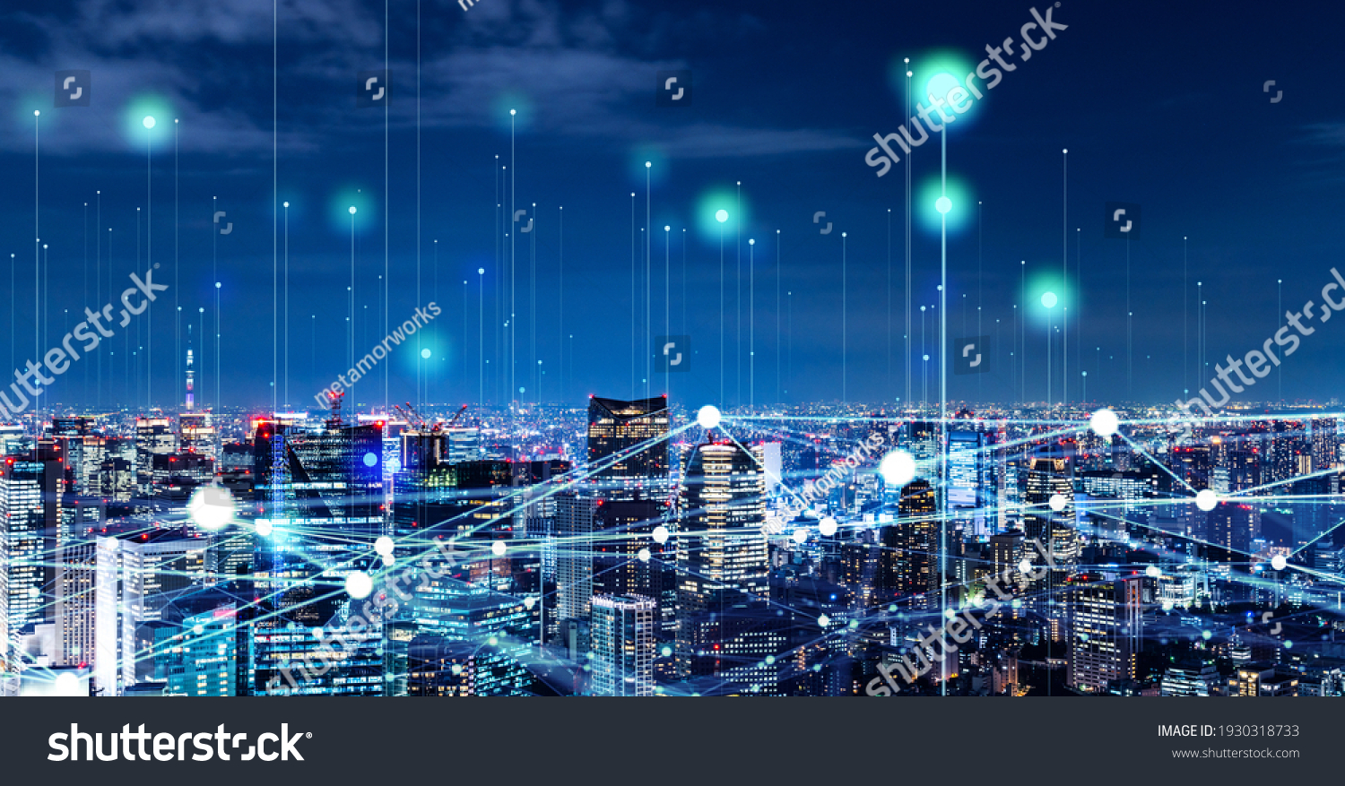 Modern cityscape and communication network concept. Telecommunication. IoT (Internet of Things). ICT (Information communication Technology). 5G. Smart city. Digital transformation. #1930318733