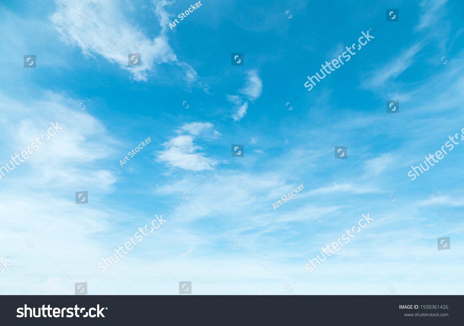 Summer blue sky and white clouds background. Beautiful clear cloudy in calm sunlight spring season. Cirrus vivid teal cyan cloudscape in environment. Outdoors horizon skyline fall spring sunshine day. #1930361426