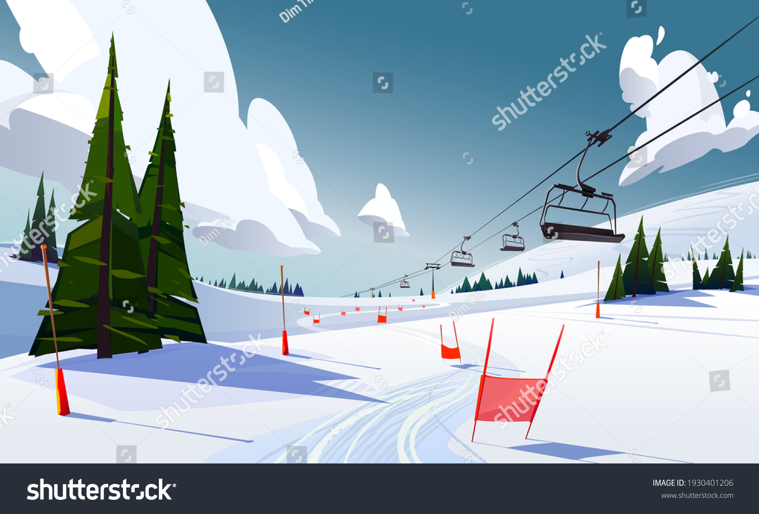 Winter mountains panorama with ski slopes and ski lifts on a sunny day #1930401206