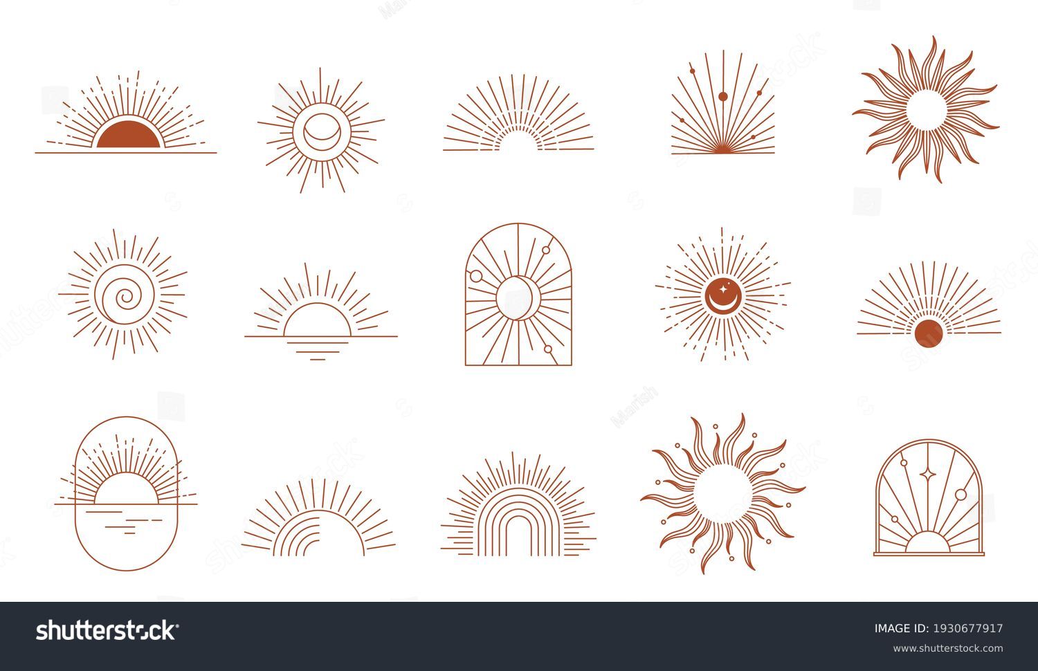 Bohemian linear logos, icons and symbols, sun, arc, window design templates, geometric abstract design elements for decoration.  #1930677917