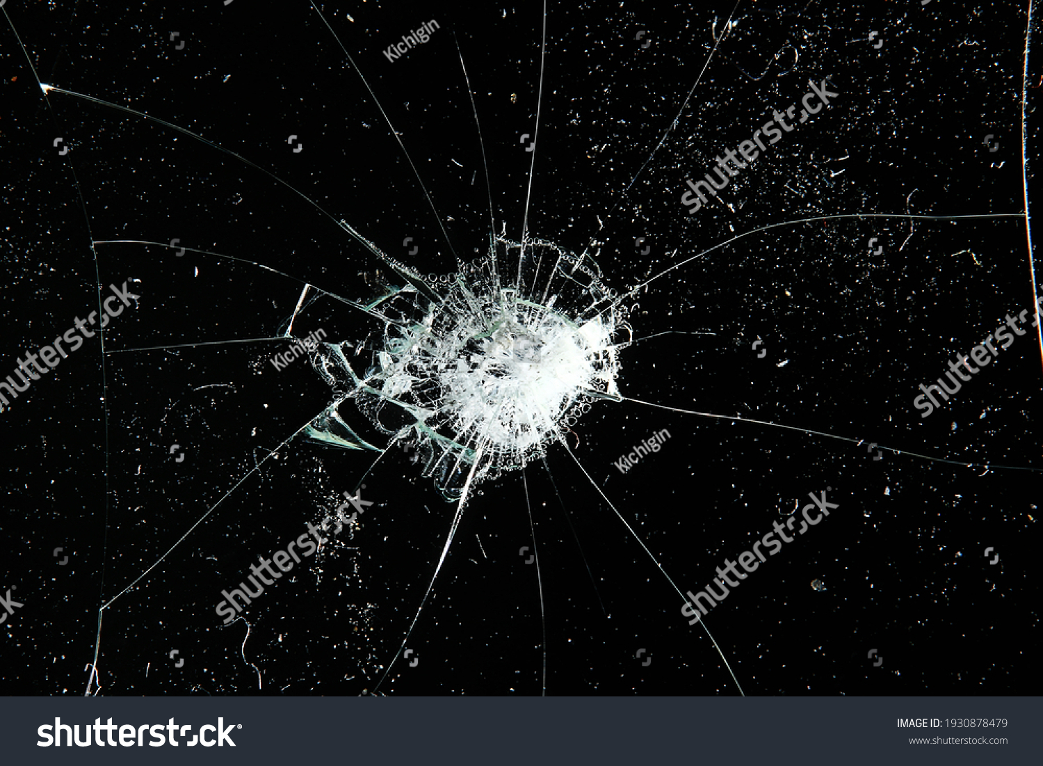 cracks on black glass background, broken abstract glass hole destruction concept #1930878479