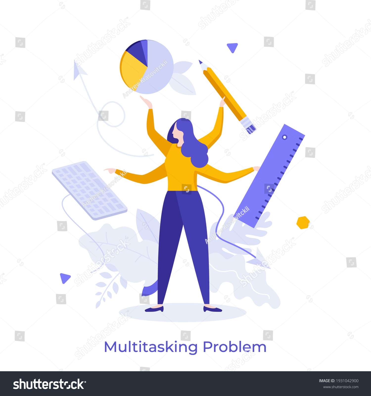 Woman with four hands holding keyboard, diagram, pencil, ruler. Concept of multitasking problem, switching between tasks, work organization, time management. Modern flat colorful vector illustration. #1931042900