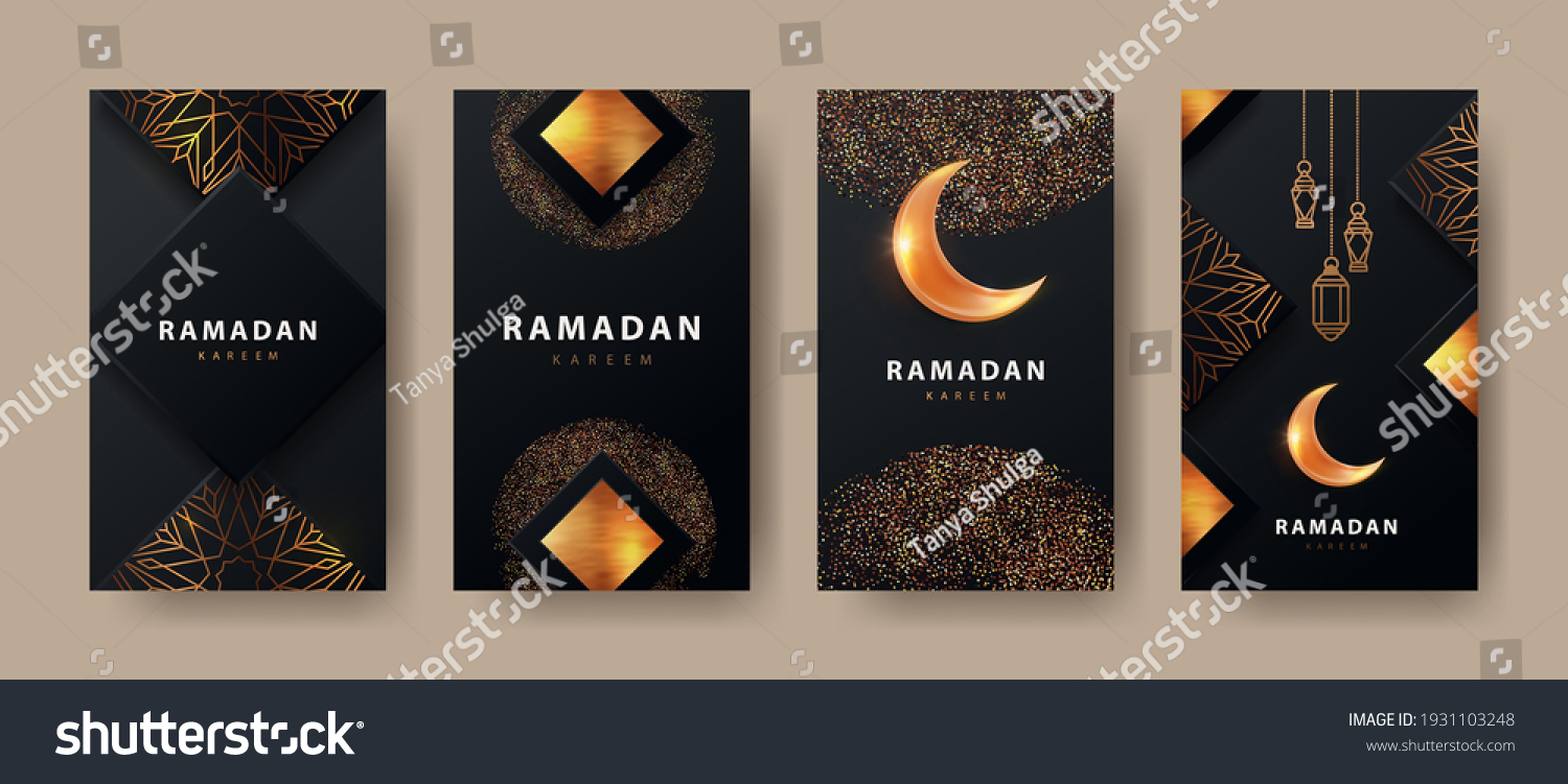 Ramadan Kareem modern design with geometric arabic gold pattern, sand, lanterns and bright crescent on black background.Template set of covers, gift cards, labeles, web banners, social media stories #1931103248