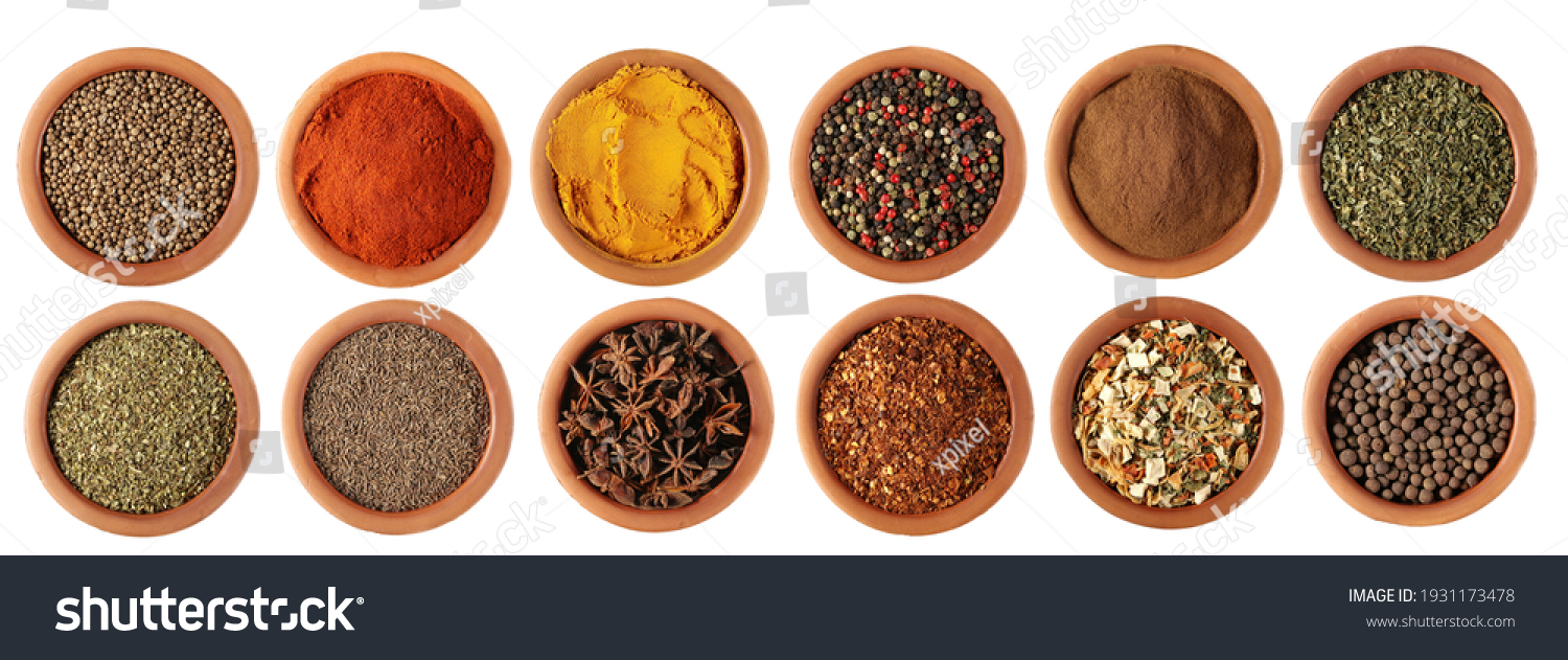 Set spice, coriander, red paprika powder, turmeric, colorful mixed pepper grains, cinnamon, dry chives, oregano, cumin, star anise, spicy chili pepper flake, vegetable mix, allspice, isolated on white #1931173478